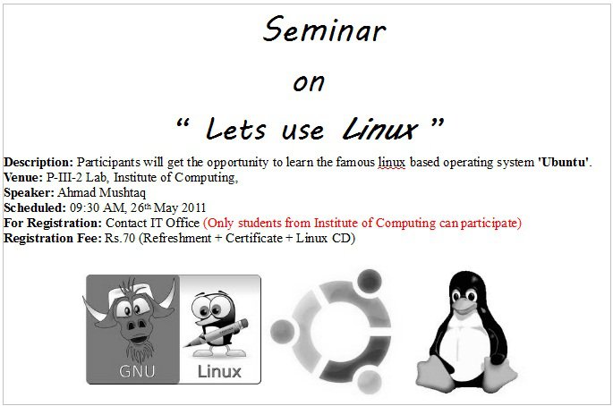 Name:  Seminar on 'Lets use Linux' at Institute of Computing, BZU.jpg
Views: 348
Size:  53.7 KB