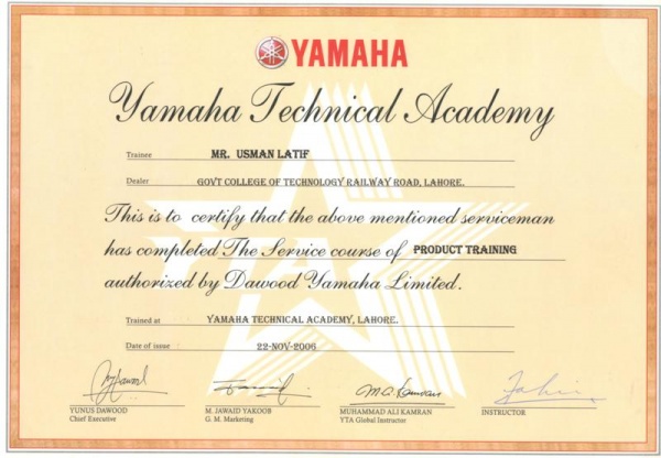 17 Product Training Certificate Yamaha