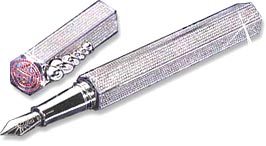 Swiss company Caran d'Ache made 'La Modernista Diamonds' a pen that was sold in Harrods, London, for $265,000.

Created in memory of architect Antonio Gaudi, the rhodium-coated solid silver pen has an 18-karat gold pen point and is pave-set with 5,072 diamonds and 96 half-cut rubies .